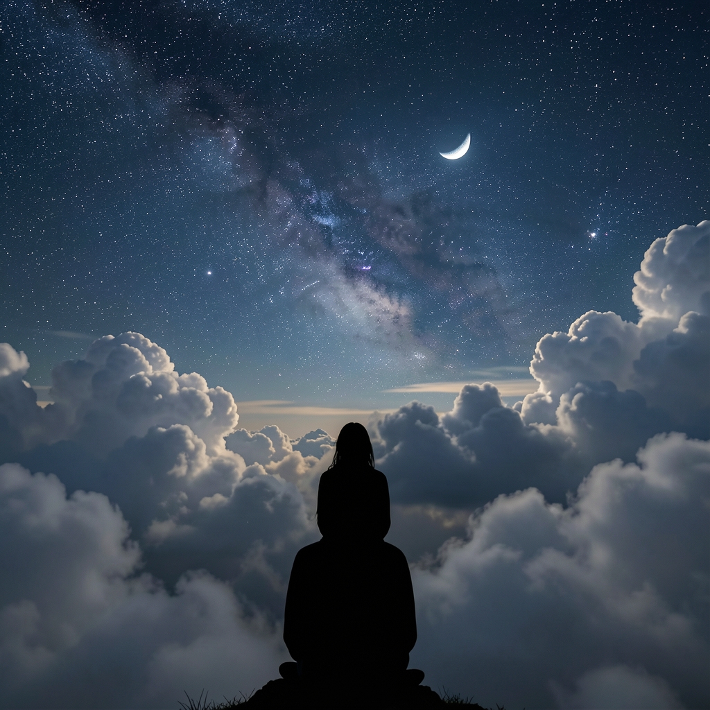 Silueta de una persona observando el cielo nocturno con Mercurio visible entre las nubes