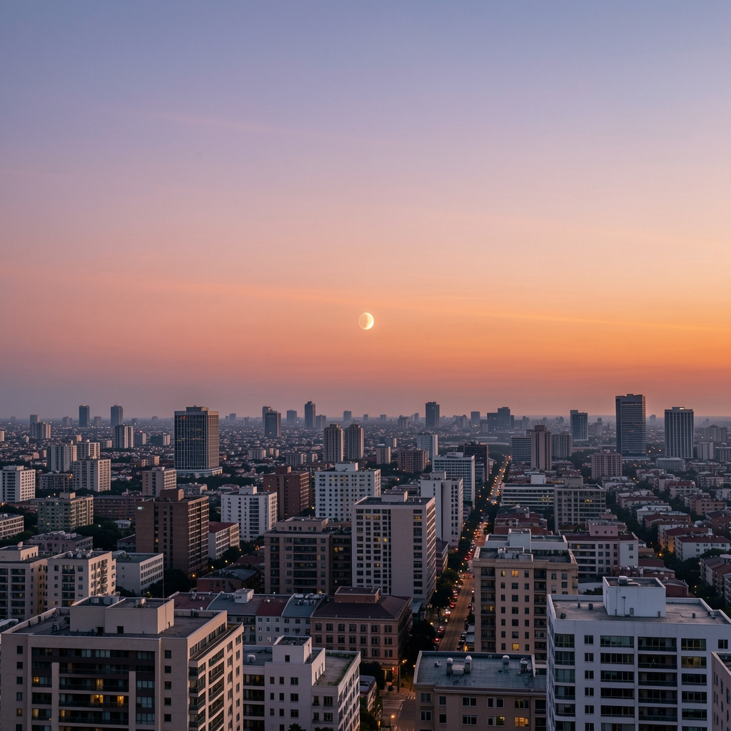 Cielo crepuscular con el planeta Mercurio visible sobre el horizonte urbano de Buenos Aires