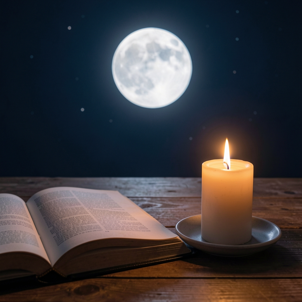Diario personal abierto junto a una vela encendida durante una noche de luna nueva
