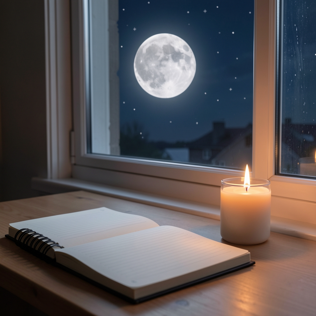 Cuaderno de notas y vela encendida junto a una ventana durante la fase de luna nueva