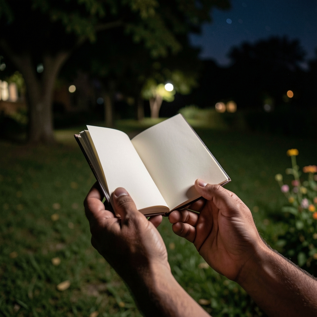 Manos sosteniendo una pequeña libreta abierta al aire libre durante la noche, con luz suave sobre las páginas
