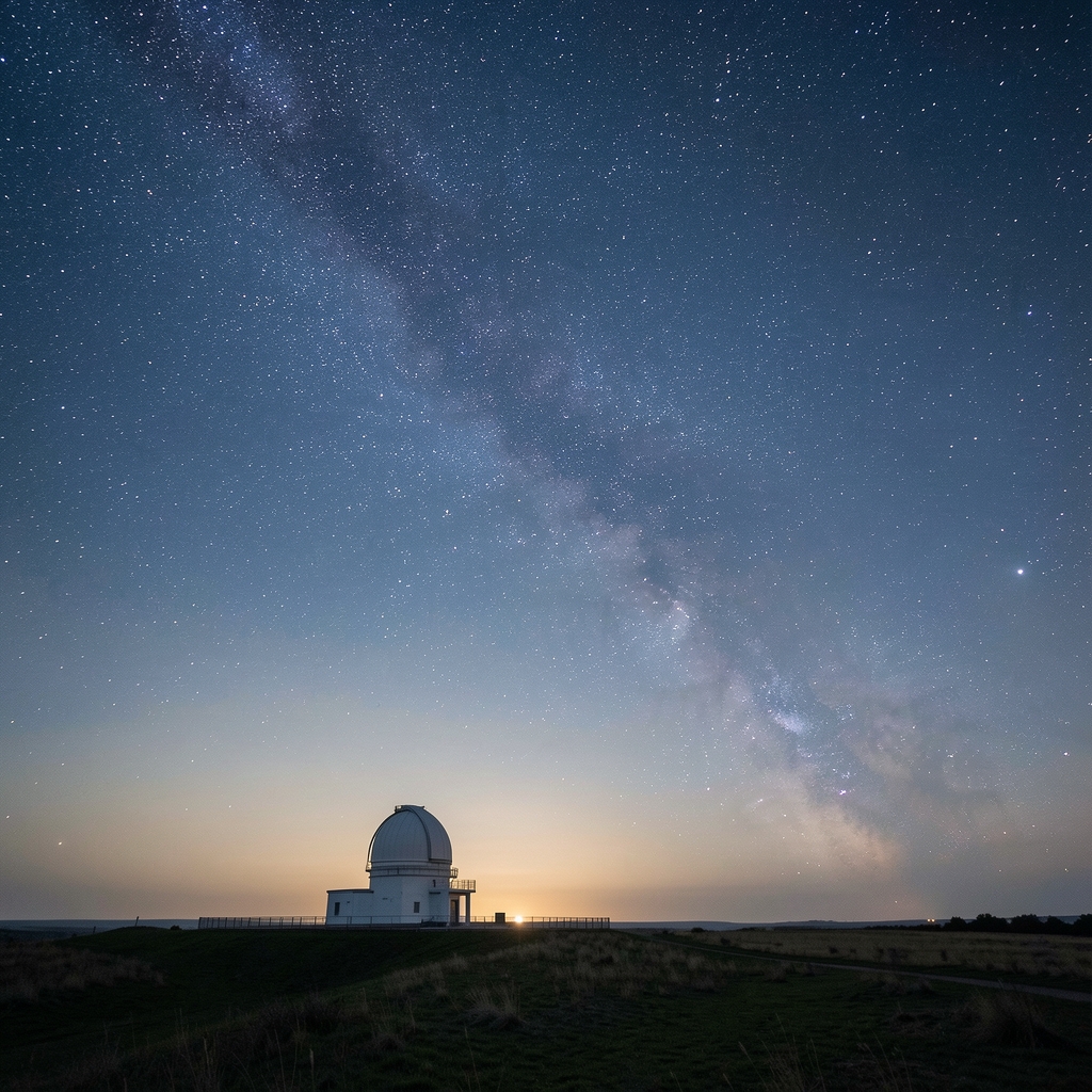 Cielo nocturno despejado con estrellas visibles y una silueta de observatorio astronómico en el horizonte