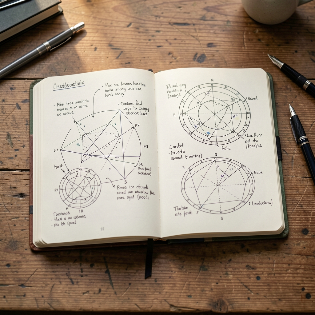 Cuaderno de investigación con diagramas de cartas astrales y anotaciones a mano sobre un escritorio de madera