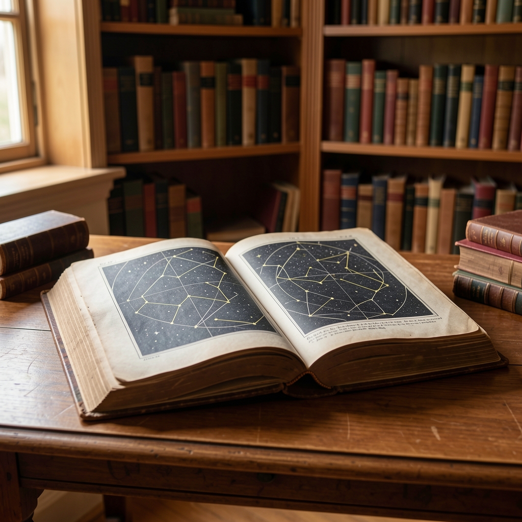 Libro antiguo de astronomía abierto con ilustraciones de constelaciones sobre una mesa de biblioteca