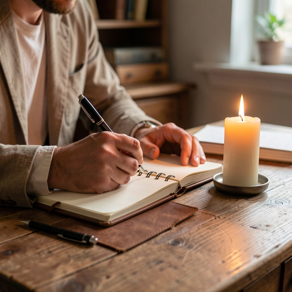 Persona escribiendo en un cuaderno de tapa de cuero junto a una vela encendida sobre un escritorio de madera