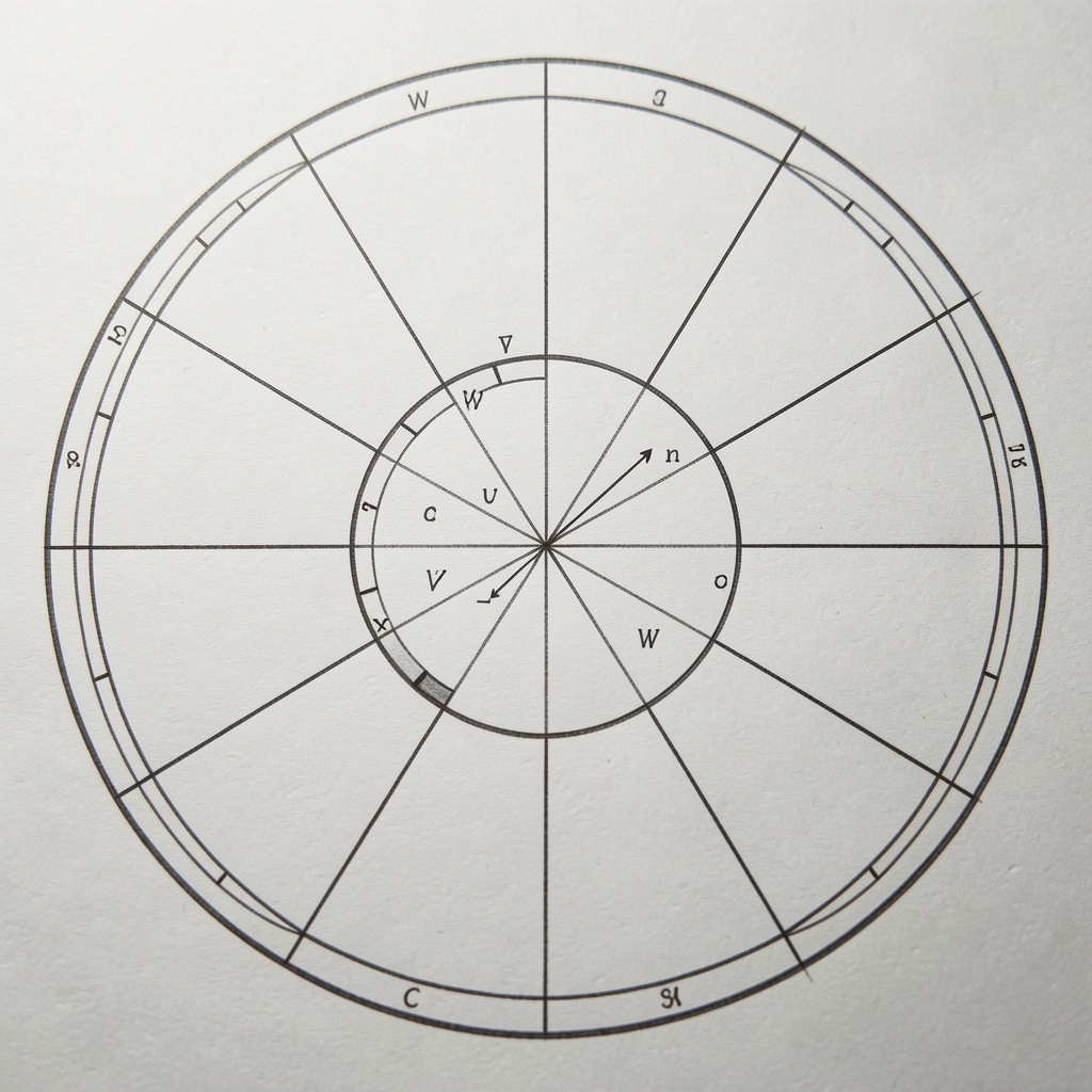 Diagrama circular dibujado a mano mostrando las doce divisiones de una carta astral sobre papel