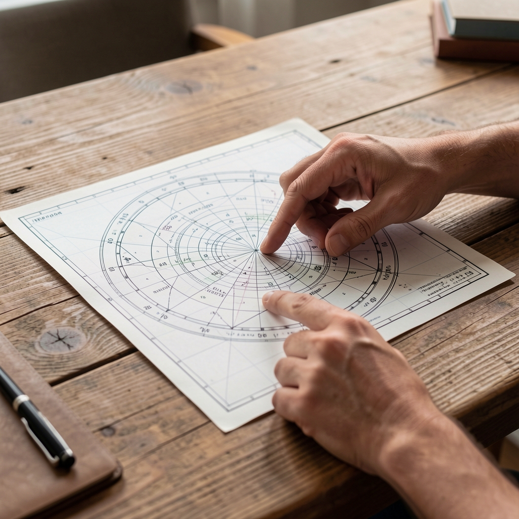 Dos manos señalando un mapa astral impreso sobre una mesa de madera durante una consulta