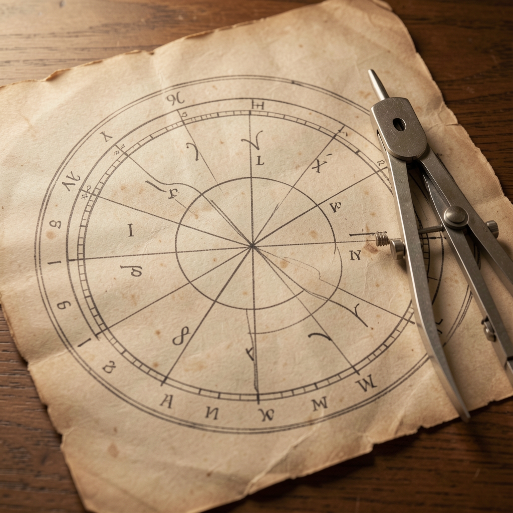 Carta astral circular dibujada a mano sobre papel envejecido junto a un compás de dibujo