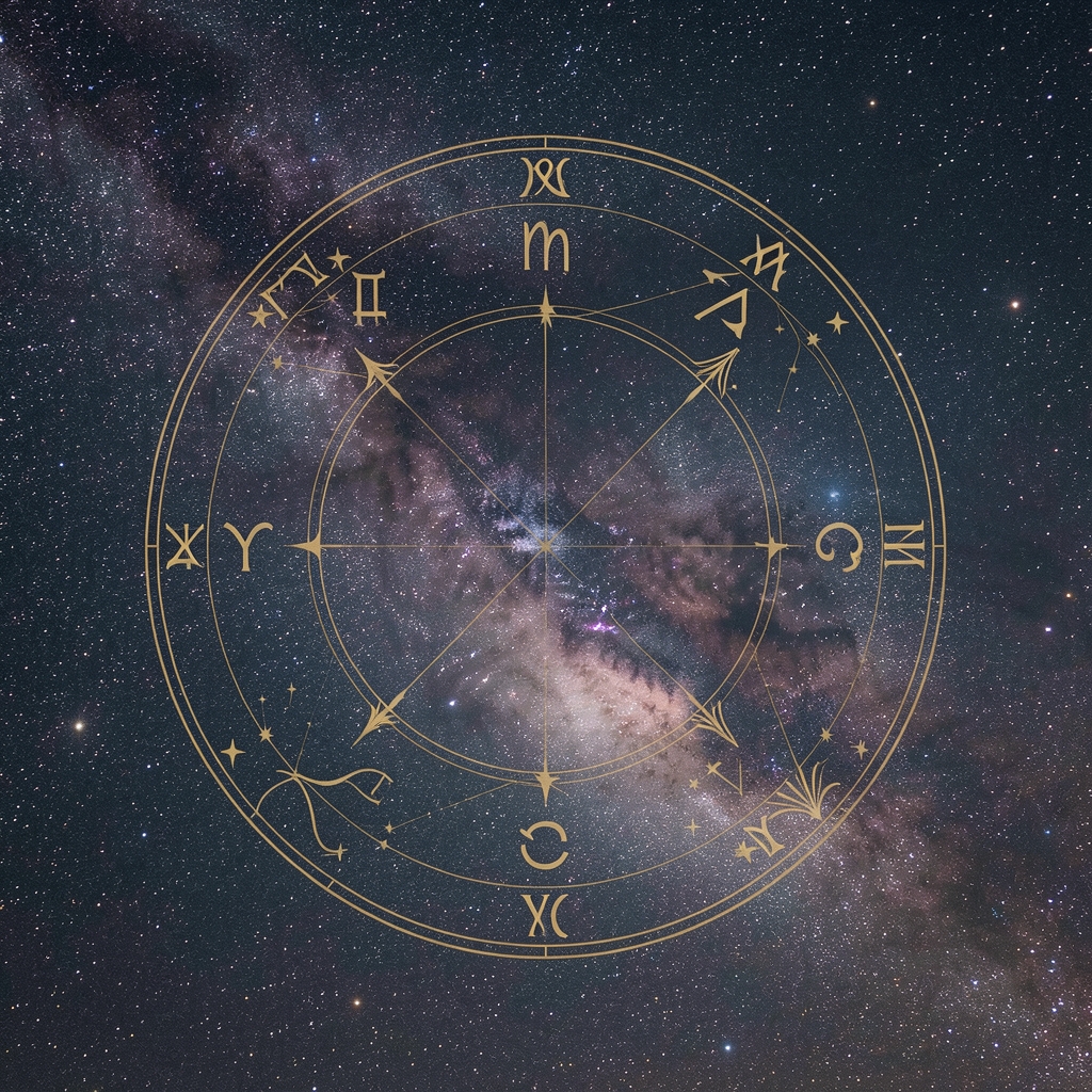 Rueda zodiacal ilustrada superpuesta sobre un cielo estrellado nocturno